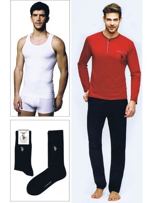 U.S. Polo Assn. Erkek Damat Çeyiz Pijama Çamaşır Takım 4Lü Bordo 17394