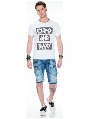 Cipo&Baxx CT430 Parlak Baskılı Düz Beyaz Sade Slim Erkek Tişört