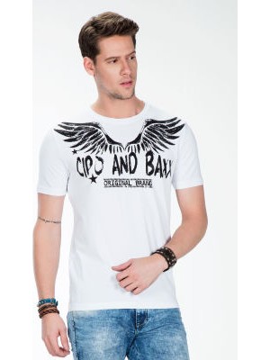 Cipo&Baxx CT411 Siyah Beyaz Kanatlı Kurukafa Motorcu Erkek Tişört