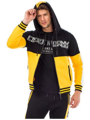 Cipo&Baxx CL301 Sarı Siyah Kapşonlu Fermuarlı Cepli Erkek Sweat