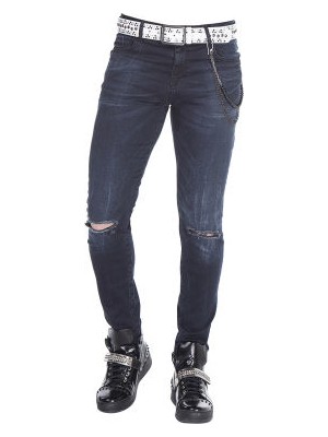 Cipo&Baxx CD375 Zincirli Dizi Yırtık Lacivert Slim Fit Erkek Jean