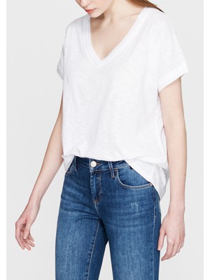 Mavi Kadın V Yaka Beyaz Basic Tişört 167721-28289