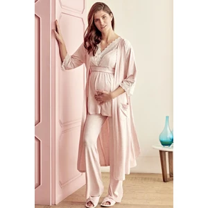 9603 Kadın Pijama Hamile Pamuklu Sabahlık Üst Pantolon 3'lü Takım