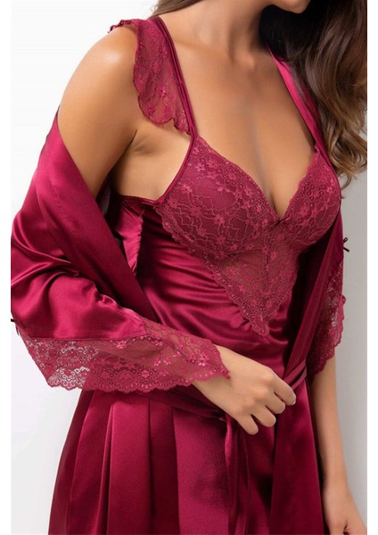 Saten Dantel Gecelik Sabahlık Takım 4240 Bordo