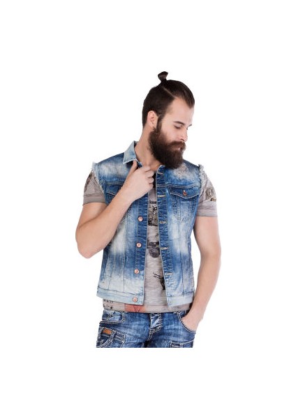 Cipo&Baxx CW107 Eskimiş Yırtıklı Dikişli Erkek Mavi Kot Yelek