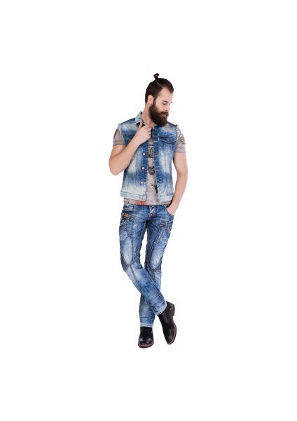 Cipo&Baxx CW107 Eskimiş Yırtıklı Dikişli Erkek Mavi Kot Yelek