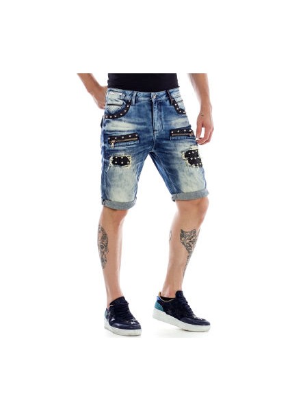 Cipo&Baxx CK181 Metal İşlemeli Yırtık Mavi Yırtık Kot Kapri Şort