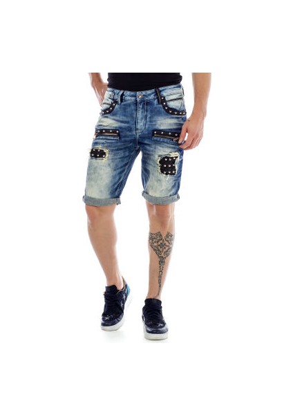 Cipo&Baxx CK181 Metal İşlemeli Yırtık Mavi Yırtık Kot Kapri Şort