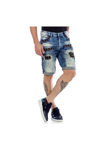 Cipo&Baxx CK181 Metal İşlemeli Yırtık Mavi Yırtık Kot Kapri Şort