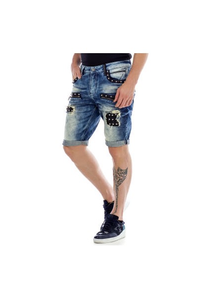 Cipo&Baxx CK181 Metal İşlemeli Yırtık Mavi Yırtık Kot Kapri Şort
