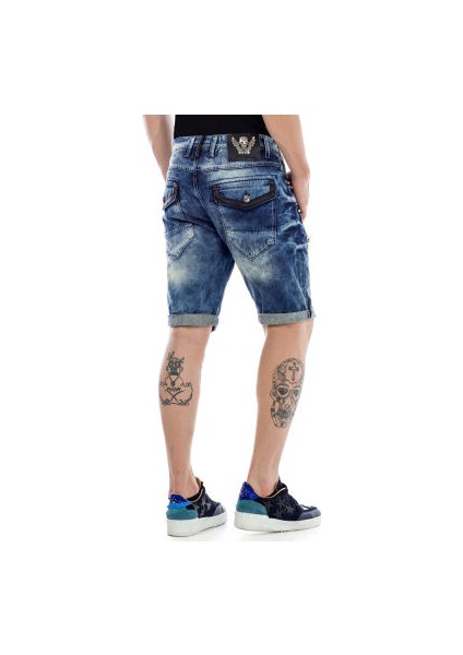 Cipo&Baxx CK181 Metal İşlemeli Yırtık Mavi Yırtık Kot Kapri Şort