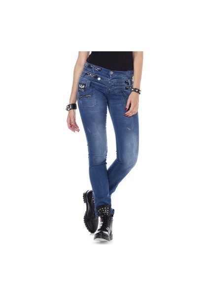 Cipo&Baxx CBW-0282 Üç Katlı Kemer Koyu Mavi Sade Bayan Jeans