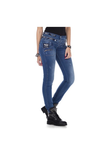 Cipo&Baxx CBW-0282 Üç Katlı Kemer Koyu Mavi Sade Bayan Jeans