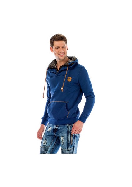 Cipo&Baxx C44200 Çift Kat Yaka Cepli Mavi Erkek Sweatshirt