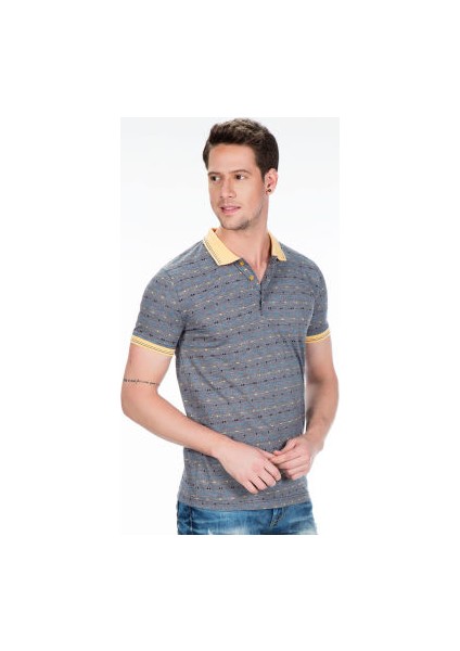 Cipo&Baxx CT440 Polo Yaka Gri Sarı Klasik Desenli Erkek Tişört