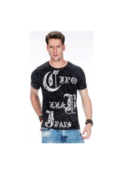 Cipo&Baxx CT398 Büyük Harfler Yazılı Siyah Slim Fit Erkek Tişört