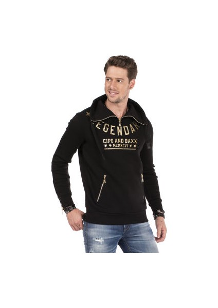 Cipo&Baxx CL324 Fermuarlı Kabartma Detaylı Siyah Erkek Sweatshirt