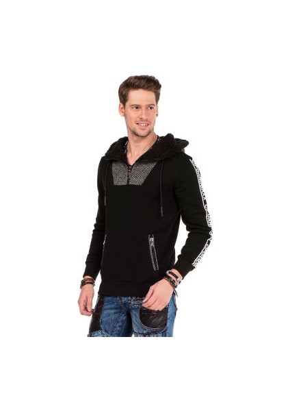 Cipo&Baxx CL311 Kapşonlu Yakası Fermuarlı Siyah Erkek Sweatshirt