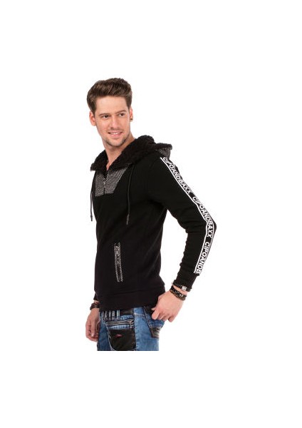 Cipo&Baxx CL311 Kapşonlu Yakası Fermuarlı Siyah Erkek Sweatshirt