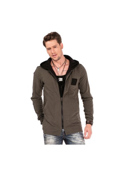 Cipo&Baxx CL305 Kapşonu Çıkan Haki Uzun Erkek Sweat Ceket
