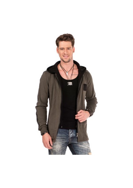 Cipo&Baxx CL305 Kapşonu Çıkan Haki Uzun Erkek Sweat Ceket