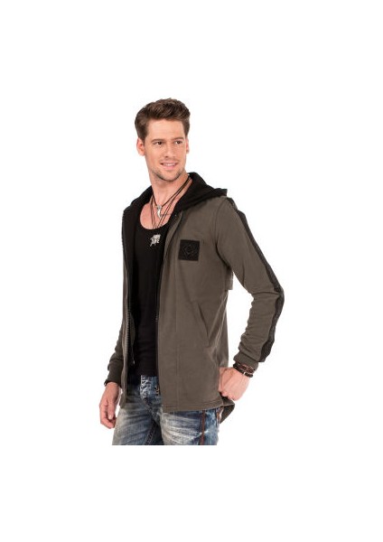 Cipo&Baxx CL305 Kapşonu Çıkan Haki Uzun Erkek Sweat Ceket