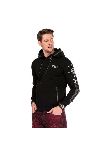 Cipo&Baxx CL303 Baskılı Kapşonlu Siyah Erkek Hodie Sweatshirt