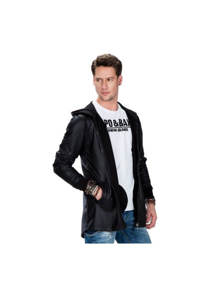 Cipo&Baxx CL295 Düz Siyah Cepli Erkek Uzun Sweatshirt Ceket