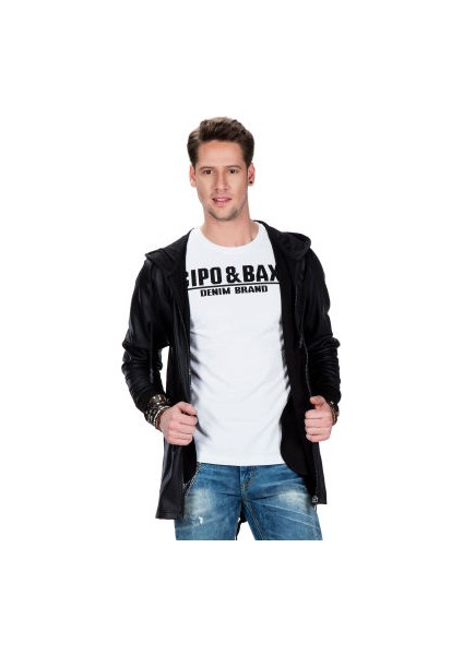 Cipo&Baxx CL295 Düz Siyah Cepli Erkek Uzun Sweatshirt Ceket