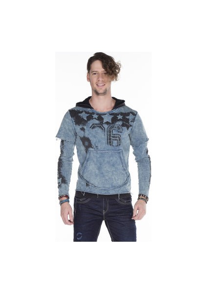 Cipo&Baxx CL279 Kurukafa Baskılı Yırtık Mavi Erkek Sweatshirt