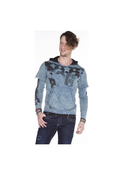 Cipo&Baxx CL279 Kurukafa Baskılı Yırtık Mavi Erkek Sweatshirt