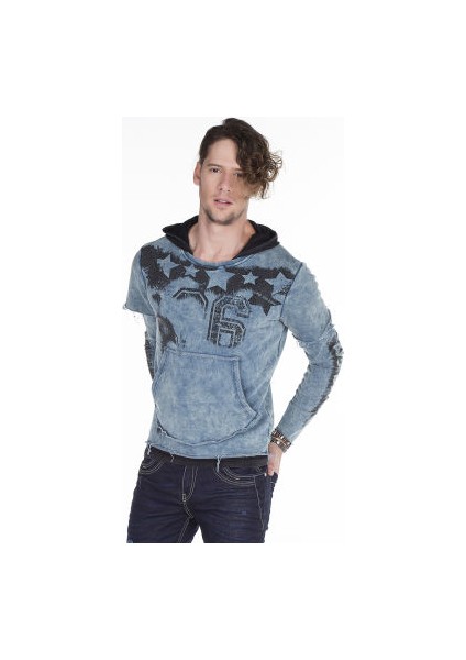 Cipo&Baxx CL279 Kurukafa Baskılı Yırtık Mavi Erkek Sweatshirt