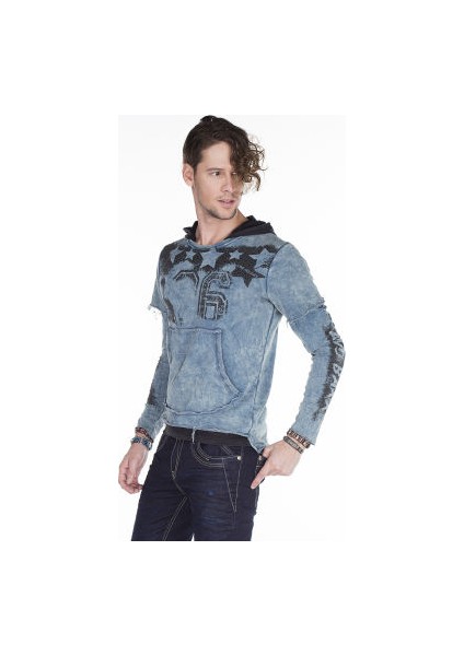 Cipo&Baxx CL279 Kurukafa Baskılı Yırtık Mavi Erkek Sweatshirt