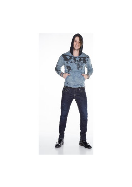 Cipo&Baxx CL279 Kurukafa Baskılı Yırtık Mavi Erkek Sweatshirt