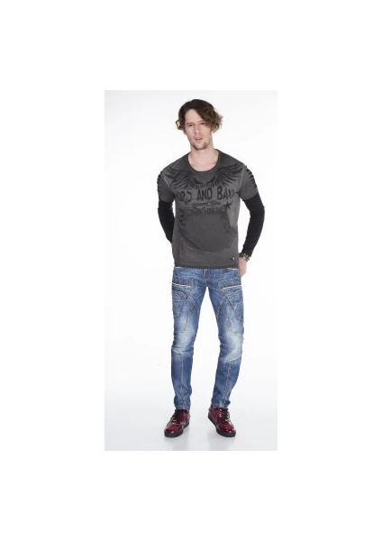 Cipo&Baxx CL265 Gri Siyah Slim Fit Kanat Baskılı Erkek Sweatshirt