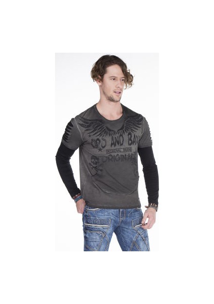 Cipo&Baxx CL265 Gri Siyah Slim Fit Kanat Baskılı Erkek Sweatshirt