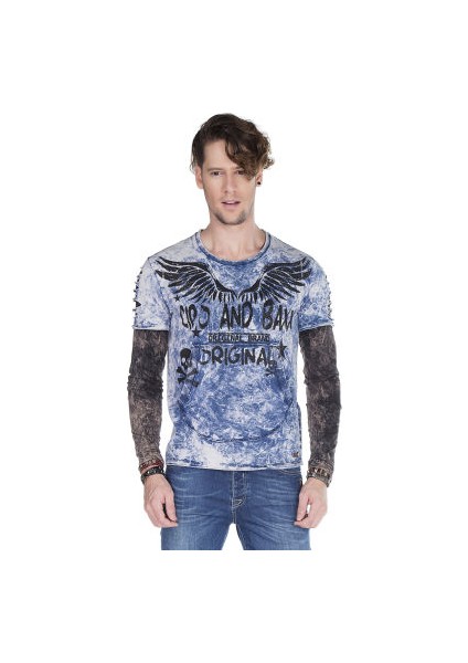 Cipo&Baxx CL265 İki Katlı Kollu Yıkamalı Mavi Erkek Sweatshirt
