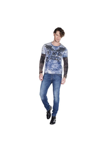 Cipo&Baxx CL265 İki Katlı Kollu Yıkamalı Mavi Erkek Sweatshirt