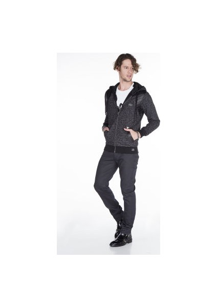 Cipo&Baxx CL251 Deri Parçalı Kapşonlu Siyah İnce Erkek Sweatshirt