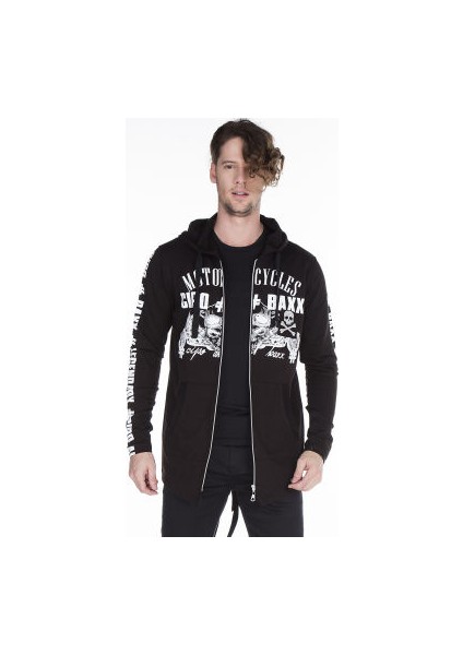 Cipo&Baxx CL239 Kurukafa Baskılı Uzun Siyah Motorcu Sweatjacket