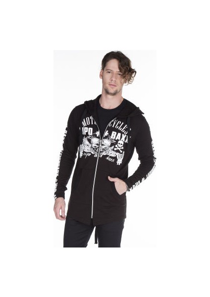 Cipo&Baxx CL239 Kurukafa Baskılı Uzun Siyah Motorcu Sweatjacket