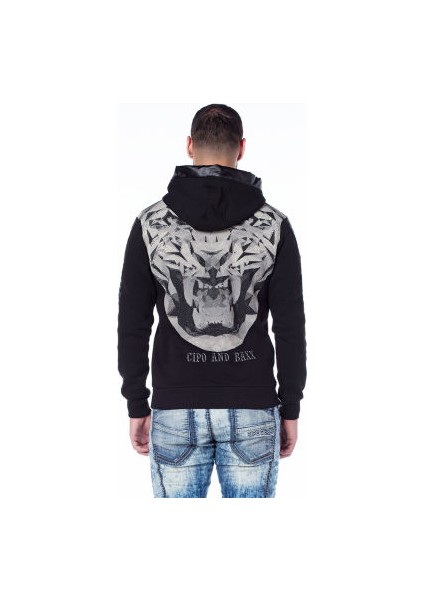 Cipo&Baxx CL206 Kaplan Baskılı Kapşonlu Siyah Erkek Sweatshirt