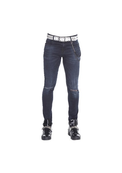 Cipo&Baxx CD375 Zincirli Dizi Yırtık Lacivert Slim Fit Erkek Jean