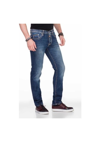 Cipo&Baxx C-0688 Kontrast Dikişli Rahat Mavi Erkek Kot Pantolon