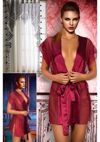 Güpürlü Saten Sabahlık Bordo
