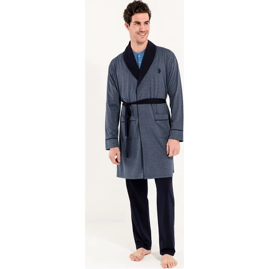 U.S Polo Erkek Robdeşambırlı Pijama Takımı 5Li Damat Seti 12003 Lacivert