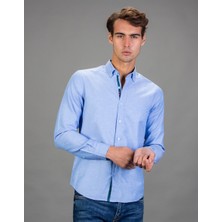 Tudors Erkek Slim Fit Dar Kesim Uzun Kollu Pamuklu Oxford Doku Kolay Ütülenebilir Mavi Düğmeli Yaka Gömlek