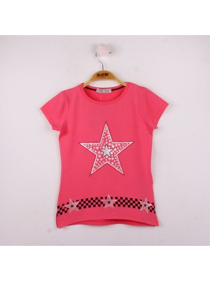 Toontoy  Kız Çocuk T-Shirt Yıldız Baskı Fuşya 8 Yaş K-142