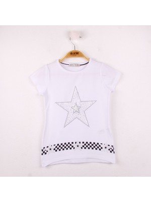 Toontoy  Kız Çocuk T-Shirt Yıldız Baskı Beyaz 6 Yaş K-140