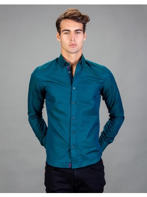 Tudors Slim Fit Spor Petrol Mavisi Erkek Gömlek